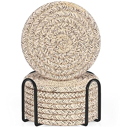 ABenkle 8 Pcs Drink Coasters with Holder, Cotton Woven Absorbent Coasters for Drinks, Minimalist Home Decor Coaster Set for Wooden Tabletop Protection Table, 4.3 inches Mixed Brown - color: Mixed Brown, size: 8 Pcs