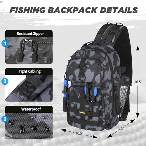 PLUSINNO Fishing Backpack with Fish Rod and Reel Combos Tackle Boxes, Waterproof Tackle Backpack for Fishing Gear with Rod Holder, Fish Gifts for Men with Tool Kit - color: Black Camo Backpack With Rod and Reel Combo
