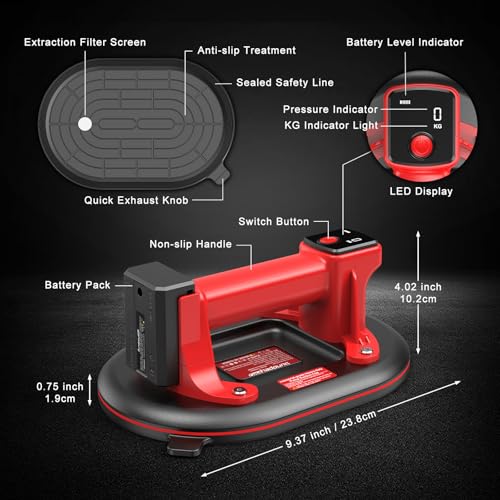 Electric Glass Suction Cups - 10" Heavy Duty Vacuum Suction Cups Lifter Max Load 662lbs with 4 x 3.0Ah Batteries & 2 x Chargers & Digital Display for Glass Tile Marble Granite Windshields