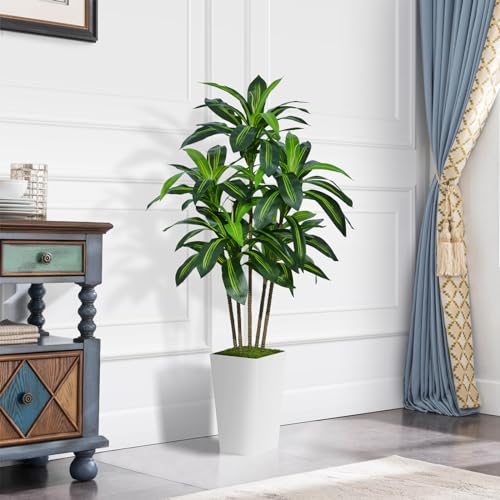 ASTIDY Artificial Dracaena Tree 5FT - Faux Tree with White Tall Planter - Fake Tropical Yucca Floor Plant in Pot - Artificial Silk Tree for Home Office Living Room Decor Indoor - color: White