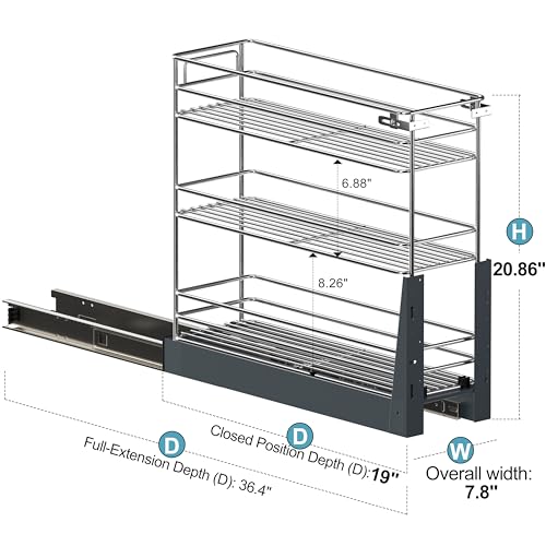 JOWBOOW 8 Inch Pull Out Cabinet Organizer (7.8" W), Fully Assembled Heavy Duty Slide Out Spice Rack, 3 Tier Door Mount Pantry Storage with Tall Guardrails for Base Cabinets, 100 LBS Capacity - size: 8"W Bottom-Mount (Min 9" Opening)