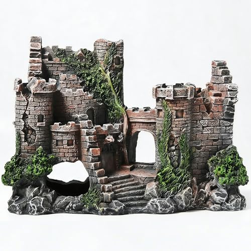 Aquarium Resin Castle Decoration, Air Bubbler Stone Cave Hideout House for Betta Fish, Shrimp & Turtles, Fish Tank Ornament Accessories for Breeding, Playing & Resting ，Decorative Bubbling Castle