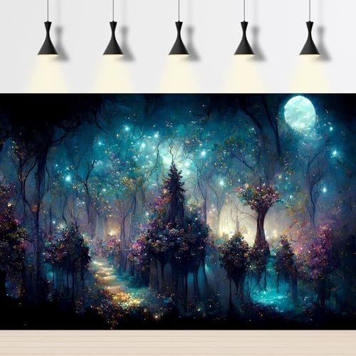 Mystical Dark Forest Aquarium Background Fantasy Glowing Neon Light Forest World Terrarium Background Mysterious Foggy Forest with Path Fish Tank Background Forest Aquarium Backdrop 24x12in - color: Dark Blue, size: 24(W)x12(H)inches/ 60(W)*30cm(H)