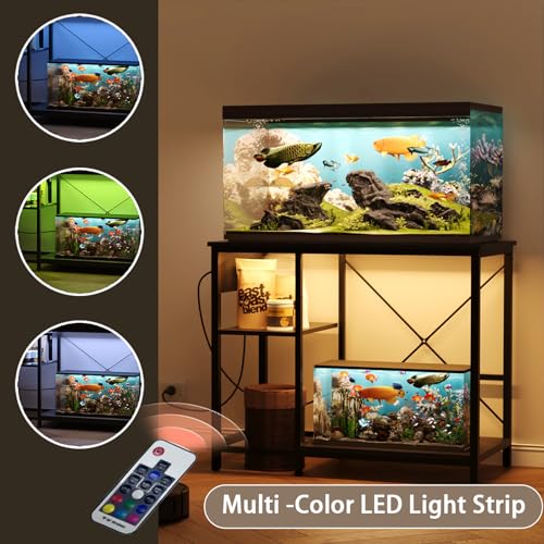BEURUKU 40-50 Gallon Fish Tank Stand with Power Outlet & LED Light, Metal Aquarium Stand with 3 Tier Adjustable Storage Shelves, Tank Stand for Reptile Tank, Turtle Tank, 36" L*18.5" W, Black - color: Black, size: 40-50 Gallon
