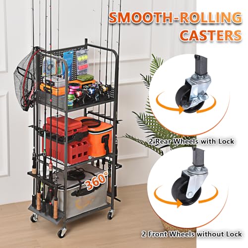 Heavy Duty Fishing Rod Rack, Fishing Organizer for Garage, Fishing Gear Holder for Garage with Movable Wheels - size: 10 Rods & Pegboard