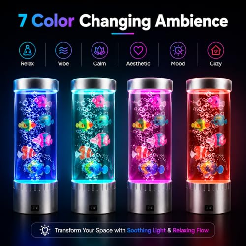 Jellyfish Lamp with RGB Color Changing LED Lights, Bubble Fish Tank Lamp with Swimming Artificial Fish, Sensory Night Light for Bedroom, Gaming Room & Desk Decor, Relaxing Gift for Kids & Adults