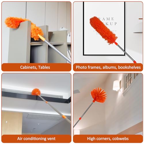 20 Feet High Reach Duster Kit with 2-14 ft Extension Pole, Cobweb & Corner Brush Cleaning Duster Kit for Cleaning, Microfiber Feather Duster Cleaner with Washable Head for Ceiling Fan, Furniture, Home