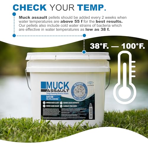 Muck Assault Sludge Remover Pellets - Natural Muck Digester with Beneficial Bacteria Enzymes to Clear Murky Water and Remove Pond Odor - Safe for Aquatic Life & Recreation (25 lbs.)