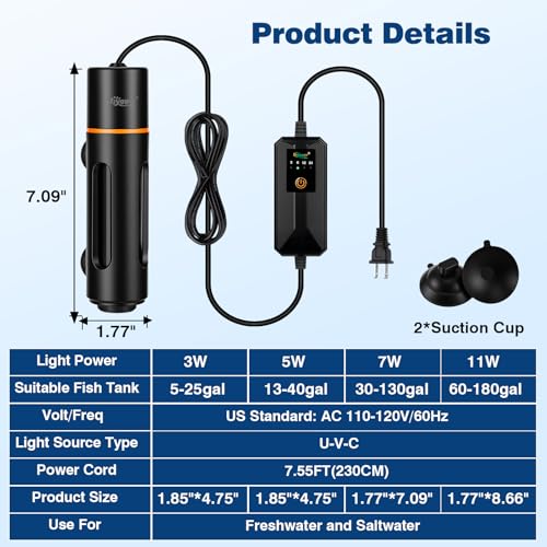hygger 7W Aquarium U-V Light with Timer, 360° Protective Shield Clean Lamp for Green Water & Algae, Amphibian Small U-V Light for 30-130 Gal Freshwater & Saltwater Fish Tanks - size: 7.09inch