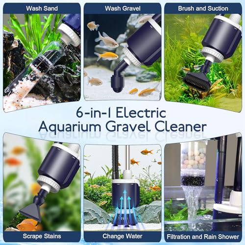 AQQA 600GPH Electric Aquarium Gravel Cleaner, 6-in-1 Automatic Fish Tank Vacuum Cleaner & Water Changer with Stainless Steel Handle & 3-Stage Filter Cup for Turtle Tanks, Adjustable Flow 34W | 6-in-1 Automatic Fish Tank Vacuum Cleaner & Water Changer, Sta