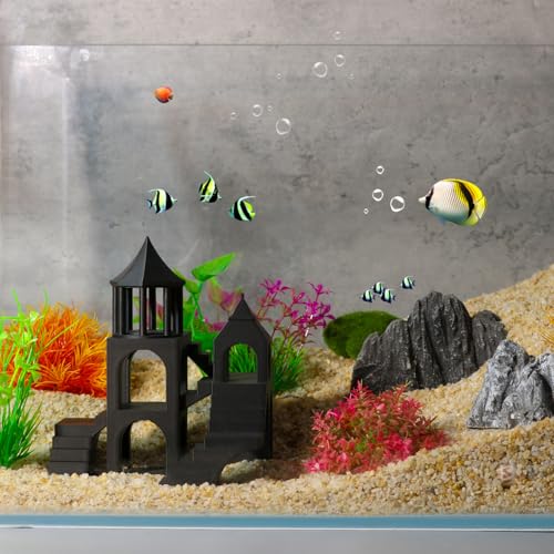 Aquarium Undergravel Fish Tunnel Hide Cave Corner Castle Tank Decorations Under Gravel Viewing Tunnel Fish & Shrimp Cave for Aquarium Hideout(Black,Style C) - color: Black, style: Style B