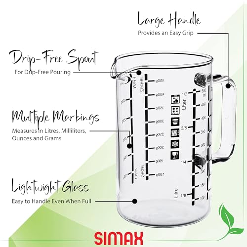 Simax Glass Measuring Cup: 16 Oz Measuring Cups Glass - Liter, Oz and Ml Measuring Cup for Liquid - Borosilicate Glass Metric Measuring Cups in Gram - Measure Flour and Sugar Grams - Easy Pour Spout - size: 16 Ounce