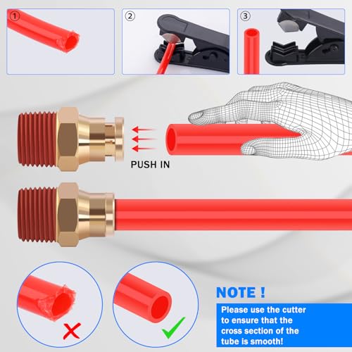 CheeMuii 76 PCS Brass DOT Air Line Fittings with 100FT 1/4" and 50FT 3/8" Red DOT Air Lines Kit Push Lock Air Line Quick Connect Fittings with Pneumatic Tubing Set - size: 2ROLL-80PCS-RED