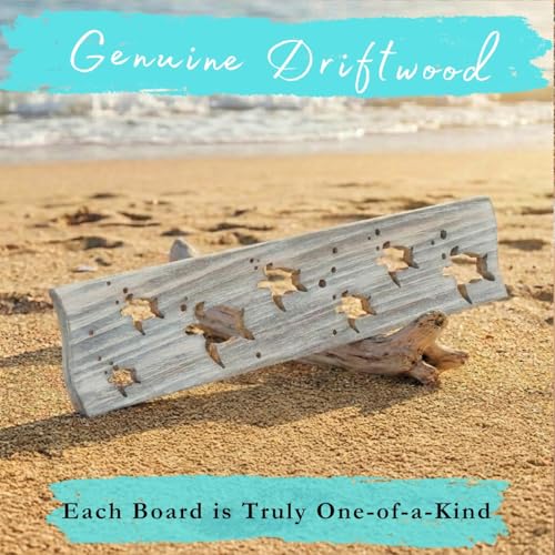 Driftwood Wall Art & DIY Key Holder – Handmade Coastal Home Decor – 17.5" Genuine Weathered Wood Plank with 5 Removable Hooks for Keys, Leashes, and Jewelry – Nautical Beach House Wall Hanging (Turtle March) - style: Turtle March
