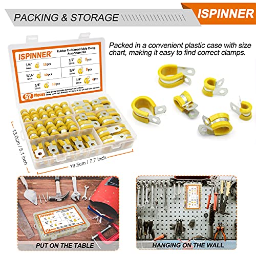 ISPINNER 52pcs Cable Clamps Assortment Kit, 304 Stainless Steel Rubber Cushion Pipe Clamps in 6 Sizes 1/4" 5/16" 3/8" 1/2" 5/8" 3/4" (Yellow) - color: Yellow