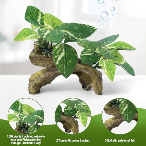 9 Pcs Fish Tank Decor，Silk Aquarium Plants Green Silk Leaf pad Hammock Artifical Driftwood cave Betta Fish Tank Accessories 6 x 3 x 4 inches(LxWxH)