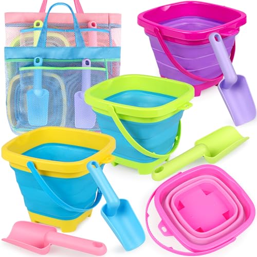 Collapsible Beach Buckets for Kids, 4 Packs Foldable Sand Buckets and Shovels with Mesh Beach Bag, Silicone Sand Pails for Toddlers Beach Toys, Easter Egg Hunt, Camping, Travelling, Fishing Water Pail - style: 4 Buckets