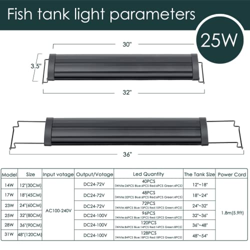 AQQA Aquarium Light,Full Spectrum LED Fish Tank Lights,12"-54" Adjustable Multi-Color White Blue Red Green LEDs with Extendable Brackets,14W-31W for Freshwater Plants (25W (32"-36")) - size: 25W (32"-36")