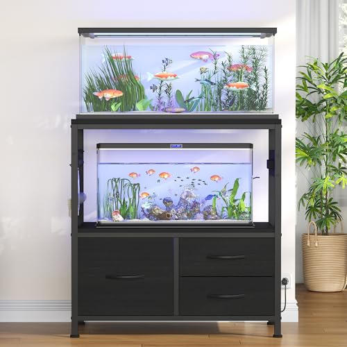 Heybly 20-29 Gallon Fish Tank Stand, Aquarium Stand with Drawer, Power Outlet, Heavy Duty Metal Frame, for Fish Tank, Turtle & Reptile Terrarium, 31.5" x 15.7" Top, 330lbs, Black HAS001BK - color: Black, size: 20-29 gal