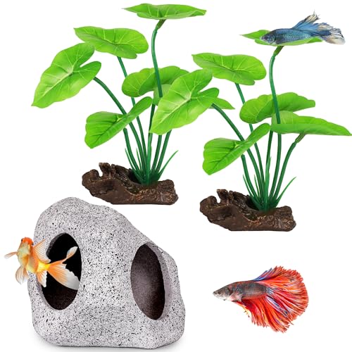 MyLifeUNIT Fish Tank Decor, Silk Aquarium Plants and Hideaway Rock Cave Decor for Betta Fish Tank Accessories, Goldfish, Turtle Tank Decorations
