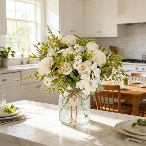 Kimura's Cabin Artificial Flowers with Vase Silk Peonies in Vase Fake Flowers with Vase Faux Flower for Office Home Table Centerpiece Bathroom Arrangement Decorations(White)