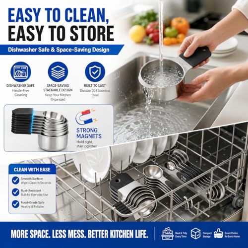 Magnetic Measuring Cups and Spoons Set, Strong N52 Magnets, Heavy Duty 304 Stainless Steel Fits in Spice Jars for Baking & Cooking, BPA Free, Round Set of 15 with Leveler Black - color: 7Pcs Measuring Cups & 8Pcs Spoons Set of 15(Black)