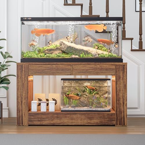 55–75/90 Gallon Aquarium Stand,Heavy-Duty 48" Turtle Reptile Fish Tank Stand With Storage Drawers, Reinforced Metal Frame, LED Lighting, Power Outlets (Rustic Brown) - color: Rustic Brown