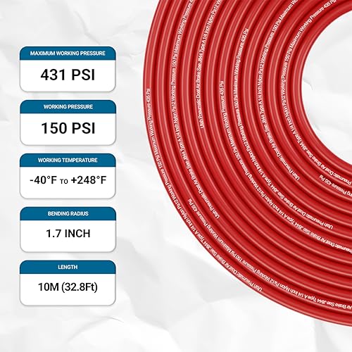 Utah Pneumatic 1/4" DOT Air Line SAE J844 PA12 Nylon Tubing for Air Suspension, Industrial Automation, Workshop Air Systems, Misting & Fluid Transfer, Red - 10 Meters (32.8ft) - color: Red, size: 1/4" x 32.8 Feet