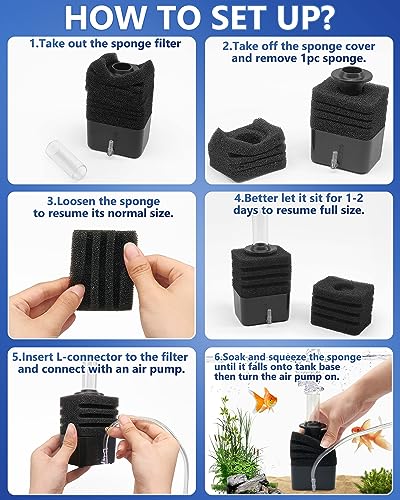 Moonorange Aquarium Bio Sponge Filter Kit, Super-Quiet Submersible Fish Tank Foam Filter with 1 Spare Sponge and Full Accessories, Suits Tanks Within 110 Gallon (L Kit)