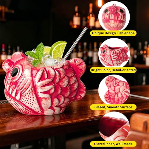 Tiki Mug Glasses Fish Cocktail Cup 1pcs 22oz/650ml Creative Red Tiki Mugs Bar Large Ceramic Hawaiian Themed Tropical Barware for Party Barware