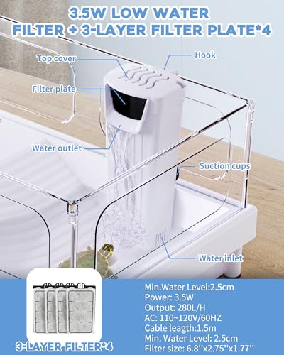 Moonorange Aquarium Power Filter(3.5W), Turtle Tank Filter, Silent Low-Water Filter for Small Fish Tank, Reptile Tank Up to 15Gallon, with 4pcs Cartridges.(White) - color: White +4 Cartridges