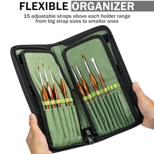 DUGATO Green Canvas Brush Organizer & Holder, 5.4x10.7 inches, 15 Slots, Pop-Up Flaps, Case for Brushes up to 9.3" Length - color: Green, size: Medium 5.4x10.7 inches