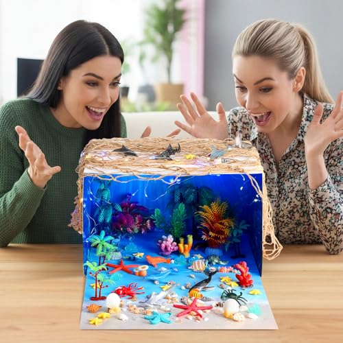 Teyva Daily 60 Pcs Ocean Diorama Kit Habitat Project Box Set Ocean Diorama Supplies Include Sea Animal Figures Artificial Coral Artificial Trees Sea Grass with Cardboard for DIY Craft Gifts - color: Sea