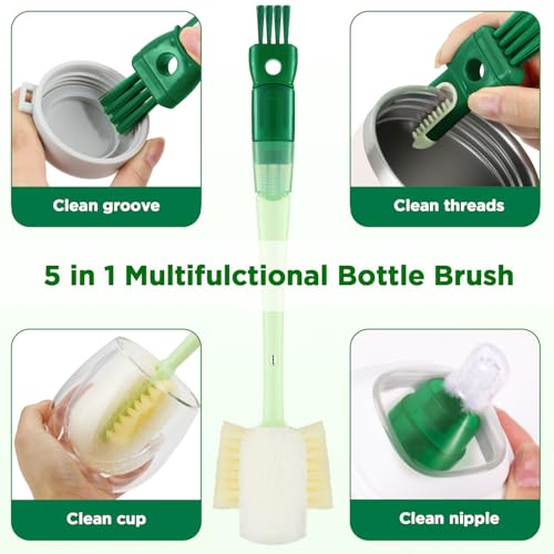 OUTXE 6 Pack Bottle Brush Set, 5-in-1 Water Bottle Cleaner Brush, 14" Long Handle Bottle Cleaning Brush, 3 Straw Brush, Removable Nipple Detail Brush for Cup Lid Gap, with Replecement Sponge - color: Green, size: 6 Pack