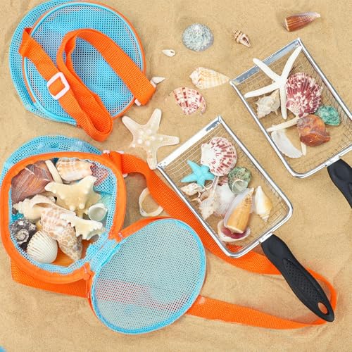 2PCS Beach Mesh Shovel with 2PCS Mesh Beach Bag for Sand Filter and Collect Shells Sand Sifter Scooper and Shell Collecting Bags Sands Sifter Shell Collecting Tools for Boys Girls Kids Beaches Toys