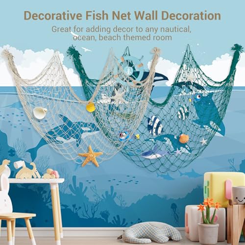 80x40 Inch Decorative Fishing Net w/Shells & Clips, 3mm Thickness Aqua Natural Cotton Large Photo Hanging Fishnet, Wall Party Decorations for Nautical Pirate Hawaii Underwater Mermaid Themed Party - color: Aqua, size: Large - 1 Pack with shells
