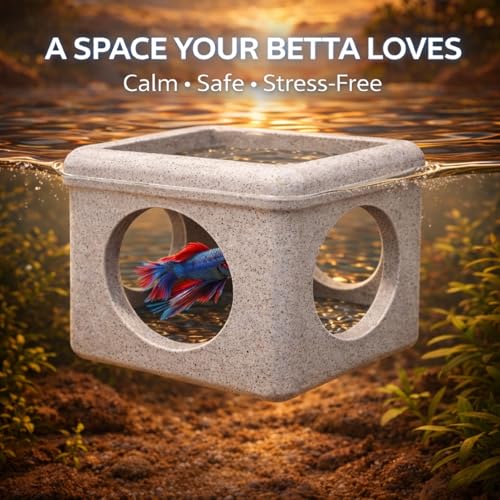CPLIKE Marble Floating Betta Fish Hideout with Viewing Window & Round Holes – Floating Cave Hammock, Feeding Platform & Rest Tunnel – Betta Fish Shelter for Nano Tanks, Bowls & Small Aquariums - color: C: Grey