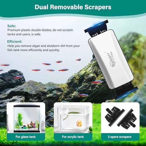 hygger Magnetic Aquarium Glass Cleaner, Dual-Blades Algae Fish Tank Glass Cleaner Brush with 4 Detachable Algae Scrapers for Glass Aquariums Tank, Floating Aquarium Magnet Glass Cleaner Scrubber (M)