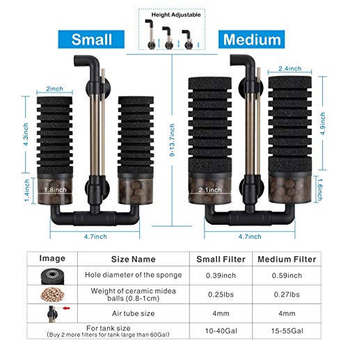 hygger Aquarium Double Sponge Filter, Comes with 2 Spare Sponges (S) - size: Filter S (10-40 gallon)