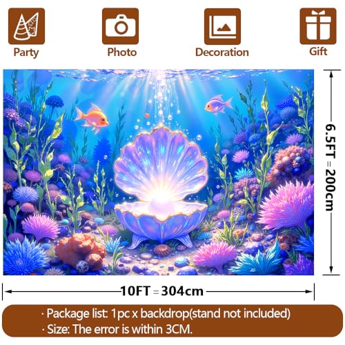 10x6.5FT Mermaid Backdrop Under The Sea Party Decorations, Underwater Ocean Scene with Giant Shell & Pearl, Coral Reef Fish Aquarium Background for Photography Kids Birthday Baby Shower - size: 10x6.5 FT