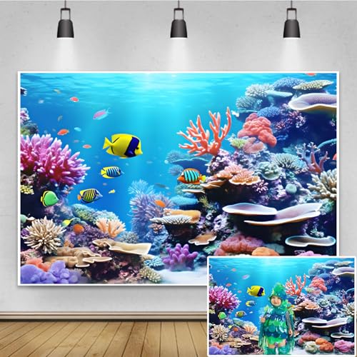Renaiss 10x7ft Under Sea World Backdrop Colorful Marine Coral Fishes Underwater Creatures Photography Background Aquarium Photo Background Kids Children Summer Party Studio Portrait Photo Props - size: 10x7ft