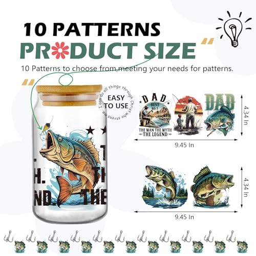 Funny UV DTF Decals - 10 Sheets Father and Son Fishing UV DTF Cup Wraps for 16 oz Glass Coffee Mug, Born to Fish Fun Waterproof Transfer Sticker DIY Water Bottle Craft Creative Decorative Gift for Son - style: Fishing