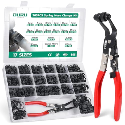 OURU 365PCS 6-25mm Spring Band Hose Clamps Assortment kit with Hose Clamp Plier, Constant Tension Hose Clamps for Fuel Lines, Silicone Vacuum Hoses, Water Pipe, Low-Pressure Air Clips - size: 365PCS (6-25mm)+ Plier