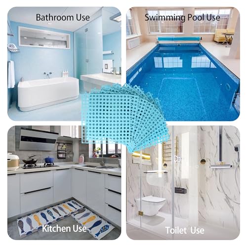12 Pack 12" x 12" Drainage Interlocking Floor Mats, Non-Slip Shower Bathroom Pool Tiles for Flooring, Soft PVC Splicing Modular Cushion Mat, for Bathroom, Drain, Pool, Patio, Balcony, Kennel, Blue