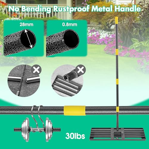 Lawn Leveling Rake,Folding 30x10 Inch Ground Plate,70 Inch Adjustable Long Handle Yard Level Tool with Curved Edge,Heavy Duty Landscaping Lawn Leveler for Grass, Golf Field, Soil Sand Dirt Spreader - size: 30"x10", 78"