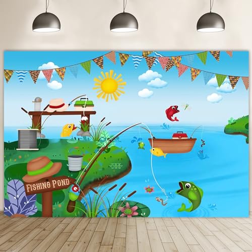 Renaiss 6x4ft Fishing Pond Backdrop for Photoshoot Boys Girls Kids Portrait Bunting Boat Fishes Green Bank Blue Sky Photography Background Baby Shower Newborn Birthday Party Decors Photo Studio Props - size: 6x4ft