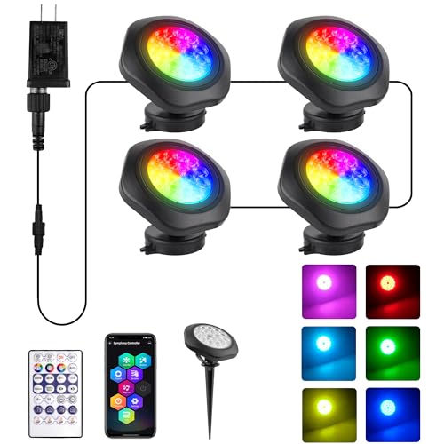 T-SUN Pond Lights LED Underwater 16M Colors with App and Remote, Submersible Fountain Light with Timer and Dimmable, Music Sync, Outdoor Spotlights for Koi Pond, Garden, Yard - size: 4 Pack