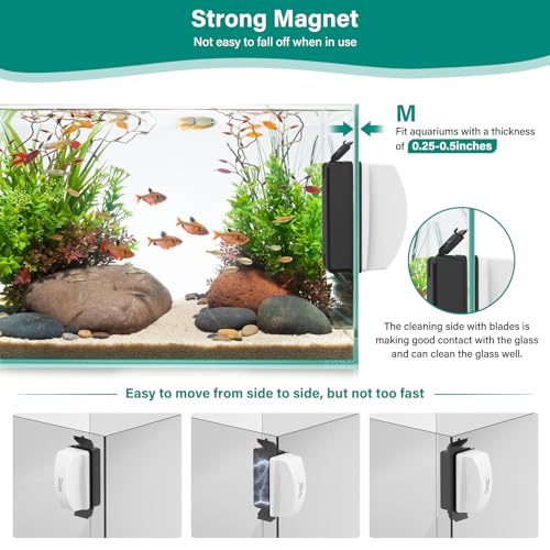 hygger Magnetic Aquarium Glass Cleaner, Dual-Blades Algae Fish Tank Glass Cleaner Brush with 4 Detachable Algae Scrapers for Glass Aquariums Tank, Floating Aquarium Magnet Glass Cleaner Scrubber (M)