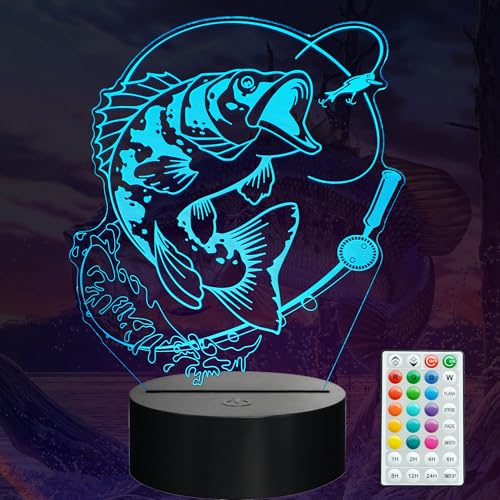 Fish Night Light, Fish 3D Illusion Lamp, Go Fishing Man Gifts with 16 Colors Changing, Timer, 4 Flash Modes and Dimmable, Kids Room Decoration, Xmas Fishing Gifts - color: Fishing