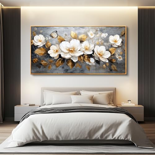 FUHAIHUA Wood Framed Canvas Wall Art For Living Room Large Wall Decor For Office Bedroom Decoration White Flower Pictures Farmhouse Painting Artwork Room Wall Mural Aesthetic Home Decor 30x60 - color: White Flower Wood Framed, size: 60"L x 30"W